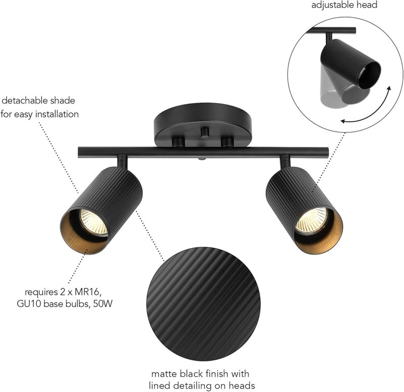 Globe Electric 64000114 2-Light Track Lighting Spotlight, Matte Black Finish, Ribbed Shades, Adjustable Heads, Compact 12-Inch Fixture, GU10 Base, Easy Installation - Image 4